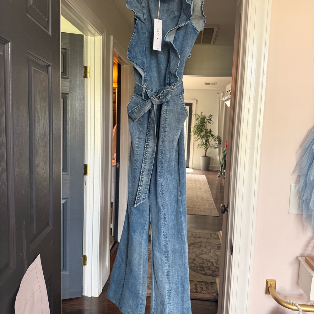 Gilli Denim Jumpsuit Wide Leg Ruffle Strap Belted Blue Jean Romper NWT Size M